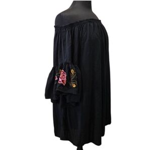 Feathers 2X Black Off-Shoulder Dress with Floral Embroidery Boho Chic